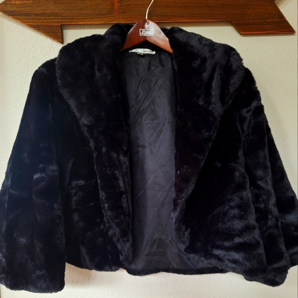 WD NY  Womens Black Faux Fur Cropped Open Jacket Size XL